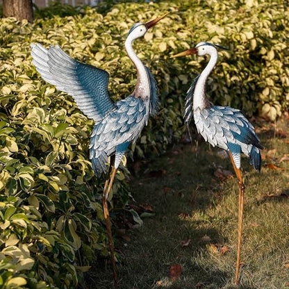 TERESA'S COLLECTIONS Garden Decor, Set of 2 Herons Garden Decor, 23-25", Elegant Herons with Blue Painting, Waterproof Metal Garden Statue, Birthday Gifts for Women Mom - size: Medium