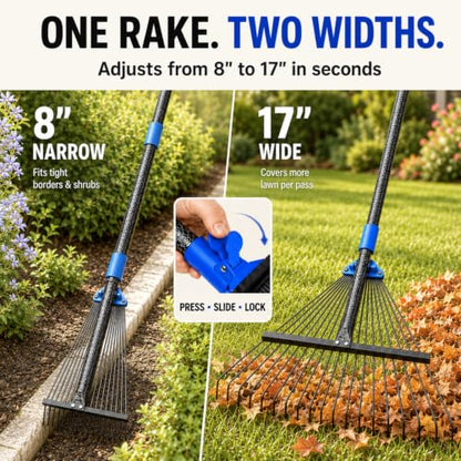 Adjustable Leaf Rake, 8-17" Collapsible Metal Head, 6FT Long Handle - size: 75 Inch