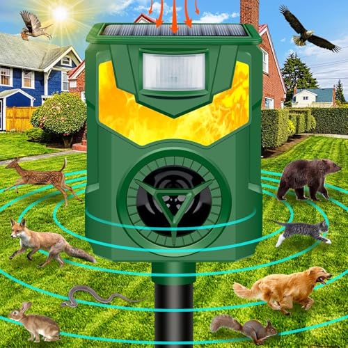 Solar Animal Repeller Outdoor,2026 Upgrade Ultrasonic Animal Repeller,Cat Repellent Outdoor,Squirrel Repellent with Motion Sensor & Flame Light,Waterproof Raccoon Repellent Devices,Repel,Deer,Rabbit