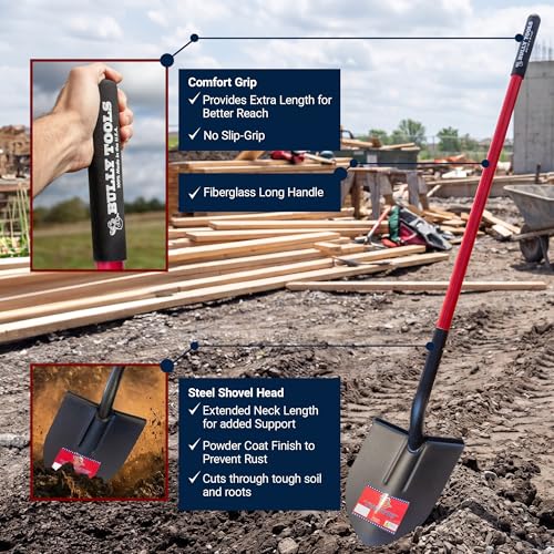 Bully Tools 12-Gauge Round Point Shovel Long Handle, Made in USA. - size: Long_Handle