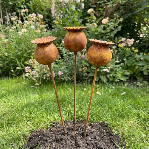 Set of 3 Rustic Metal Coneflower Garden Stakes,Rusty - color: Coffee