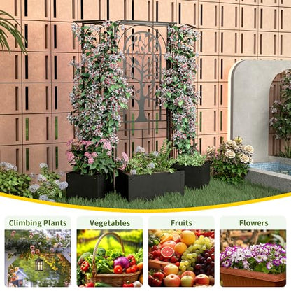 Metal Planter Box with Trellis, Outdoor Raised Garden Bed, Black - color: Black