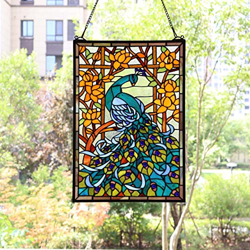 Bieye W10011 Peacock Tiffany Style Stained Glass Window Panel, Blue - size: 15"W x 23"H Rectangular