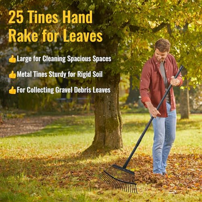 Garden Rake for Leaves, 25 Tines Heavy Duty Metal Yard Rake with 64 inch Adjustable Handle, Ideal Leaf Rakes for Gardening, Dethatching, Thatching, Gathering Shrub, Grass, Debris, Rocks