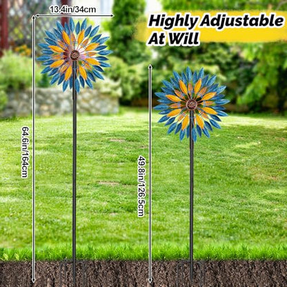 Metal Wind Spinners Outdoor Kinetic Sculpture 5-Prong Base for Garden Yard - color: Blue+yellow