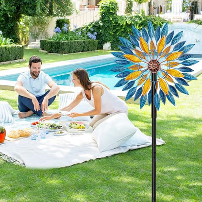 Metal Wind Spinners Outdoor Kinetic Sculpture 5-Prong Base for Garden Yard - color: Blue+yellow