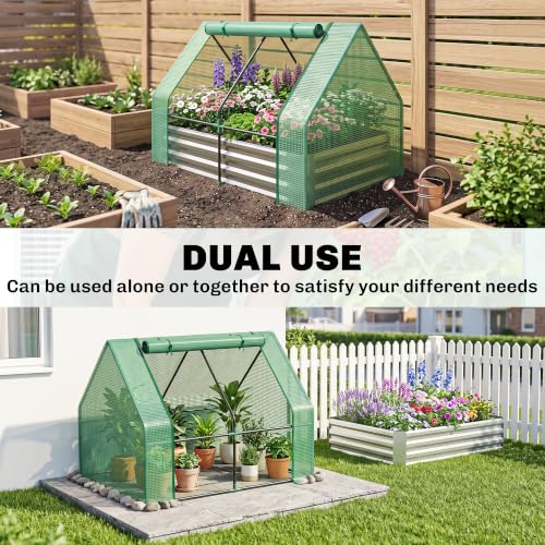 Outsunny 4 x 3ft Metal Planter Box with Mini Greenhouse, Green/Gray - color: Green and Gray
