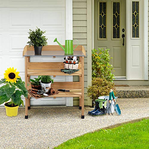 Yaheetech Potting Bench Outdoor Console Table w/3-Tier Storage,Natural Wood - color: Natural Wood