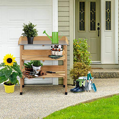 Yaheetech Potting Bench Outdoor Console Table w/3-Tier Storage,Natural Wood - color: Natural Wood