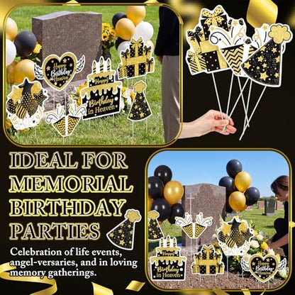 Sieral 6 Pcs Black Gold Happy Birthday in Heaven Decor Funeral Grave Sign - style: Black Gold