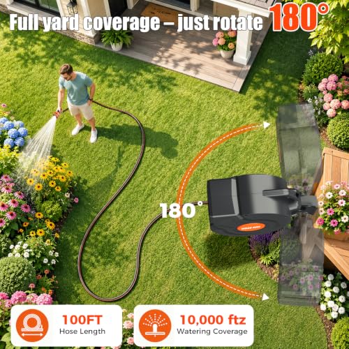 100FT Retractable Garden Hose Reel 5/8 Inch Heavy Duty Wall Mounted Retractable Hose Reel with 9-Pattern Nozzle, 180° Swivel Auto Rewind, Any Length Lock Water Hose Reel for Yard Garden Car Washing