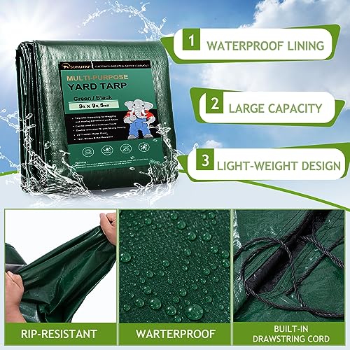 Drawstring Tarps 9x9 Ft, Waterproof Leaf Tarp 4 Drawstrings - size: 9×9 Ft (1 Pc)