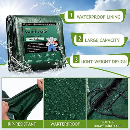 Drawstring Tarps 9x9 Ft, Waterproof Leaf Tarp 4 Drawstrings - size: 9×9 Ft (1 Pc)