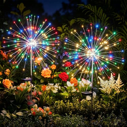 Multicolor Solar Lights Outdoor, 2 Pack 180LED Solar Garden Lights for outside, 8 Modes Firework Fairy light for Yard Pathway 4th of July Carnival Juneteenth Christmas Decor, Red/Yellow/Blue/Green - color: Multi-colored-2PC