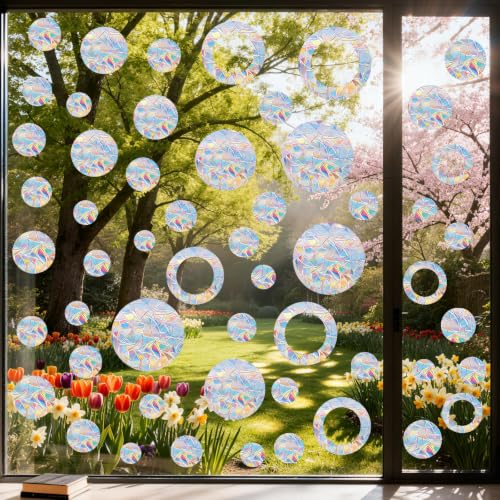 64 Pcs Window Decals to Prevent Bird Strikes - Anti-Collision Window Stickers for Birds, Rainbow Vinyl Suncatcher Stickers, Reusable Static Clings for Bird Window Deterrent, No Glue Needed - style: C-circle