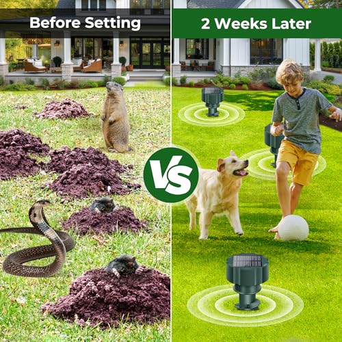 Solar Mole Repellent Stakes Outdoor – Ultrasonic Snake, Gopher & Vole Deterrent for Yard, Waterproof IP65 Solar Powered Animal Repeller for Lawn Garden, Rabbit Skunk Groundhog Control (4 Pack)