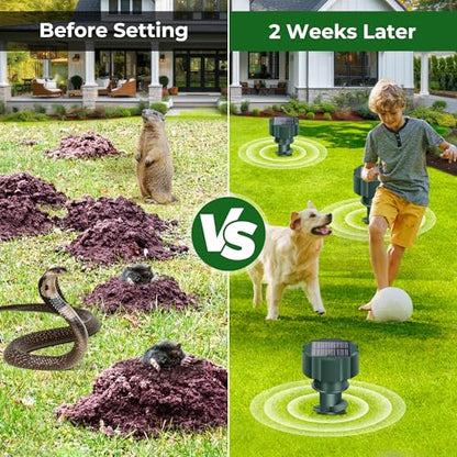 Solar Mole Repellent Stakes Outdoor – Ultrasonic Snake, Gopher & Vole Deterrent for Yard, Waterproof IP65 Solar Powered Animal Repeller for Lawn Garden, Rabbit Skunk Groundhog Control (4 Pack)