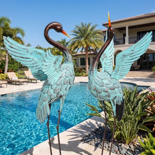 48" Blue Heron Statues Outdoor, Extra-Large Sandhill Crane Decor - color: 48" -Distressed Patina Green