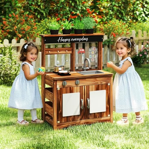 Costzon Mud Kitchen, Fir Wood Outdoor Play Kitchen w/ 4 Planting Pots - style: Planter Brown
