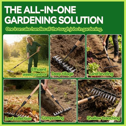 Gardenia 9-Tine Iron Weeding Rake, Heavy Duty Weed Puller for Garden Soil