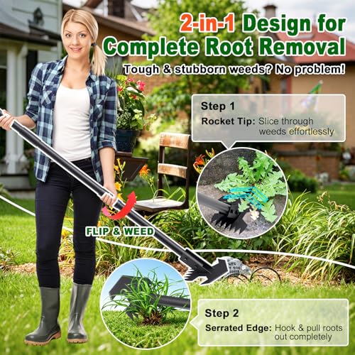 Scuffle Hoe for Weeding - 48" Adjustable Long Handle Action Hoe, Heavy Duty 2-in-1 Push Pull Garden Hoe with Sharp Serrated Blade for Flower Beds, Lawn, Yard and Sidewalks
