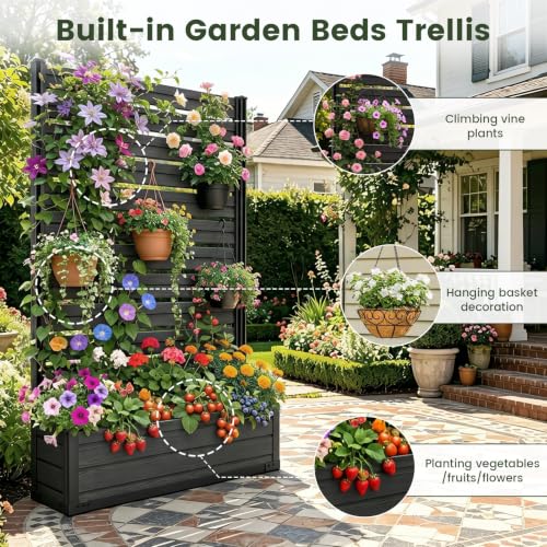 Plastic Raised Garden Bed with Trellis, 73.8"x46"x14" Planter Box for Climbing Plants, Vegetables & Vines,(Black-Louver) - size: 1 PCS 46" L x 14" W x 73.8" H