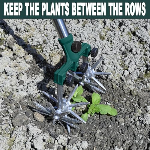 BARAYSTUS Rotary Cultivator Garden Rotary Tiller Adjustable Stainless Steel Poles Hand Tiller for Soil Mixing or Reseeding Grass Lawn Tiller Total Length 57 Inch - color: green