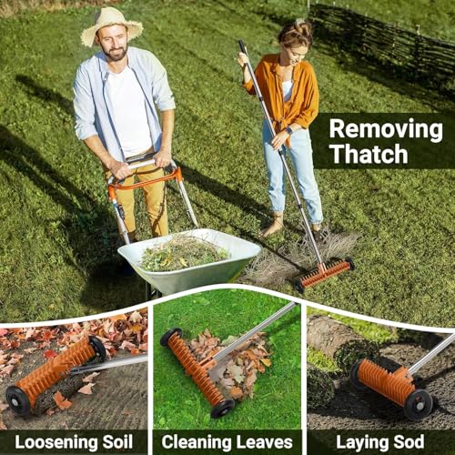 Thatch Rake, 15-Inch Dethatcher Rake for Lawn with Rolls Adjustable 0-15°
