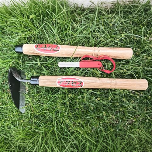 Japanese Garden Hand Hoe Sickle, Hand Weed Puller with Replacement Wooden Handle, Gardening Sickle for DIY Yard Work (Right-Handed)