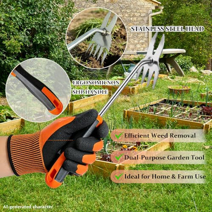 Weed Puller Tool with Gardening Gloves, Hand Weeding Tool Garden Weeder with Stainless Steel Claw & Rubber Handle, Portable Weed Remover for Lawn Yard Vegetable Garden Backyard Farm