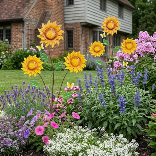 2-Pack Metal Flowers for Outside, 30-Inch Sunflower Yard Stakes - color: Yellow, Brown