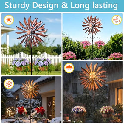 95 Inch Large Wind Spinner Outdoor Metal Garden Stake with Dual Hanging Hooks, Solar Powered Windmill Spinner for Yard & Patio, Heavy Duty Rustproof Kinetic Yard Art with Stable Ground Stake - color: Copper Blade