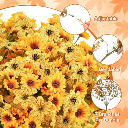 15PCS Artificial Fall Flowers for Outdoors, UV Resistant Fake Mums - color: Yellow Daisies & Yellow Violets