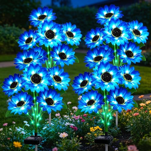 Solar Sunflower Lights Outdoor Garden Decor, 4 Pack Solar Blue Flowers Lights with 24 Sunflowers, Waterproof Fall Decor Stake Decorative Light Auto ON/Off for Garden Yard Patio, Gift for Women - color: Blue, size: 6 in 1 Sunflower-4 Pack