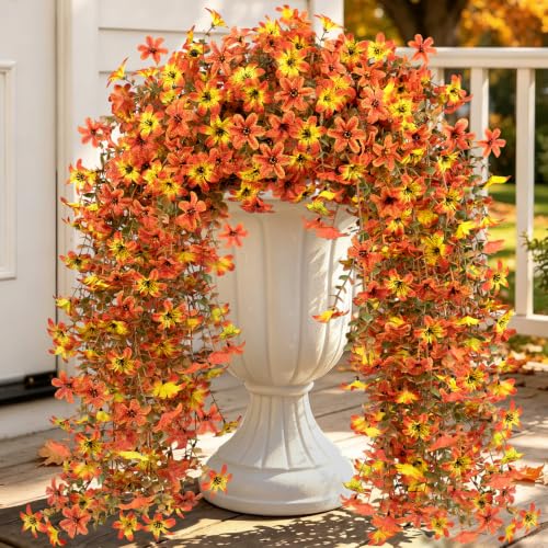 Artificial Hanging Flowers for Outdoors, 2 PCS 344-Bloom UV Resistant Mums - color: Orange Yellow Gradient