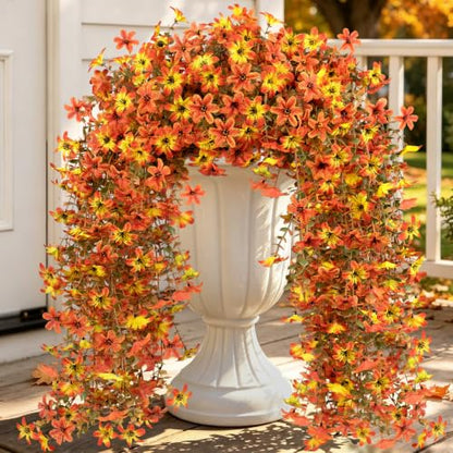 Artificial Hanging Flowers for Outdoors, 2 PCS 344-Bloom UV Resistant Mums - color: Orange Yellow Gradient