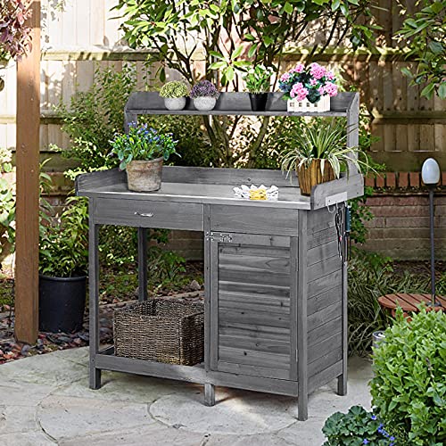 Yaheetech Potting Bench Outdoor Potting Table with Storage,Gray - color: Gray