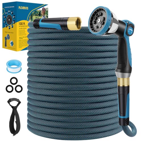 Non-Expandable Garden Hose 100 FT, Lightweight Hose with 10 Function Spray Nozzle, Kink-Free Flexible Water Hose, Durable, Leak-Proof, 360° Swivel Connectors, Portable Storage Strap