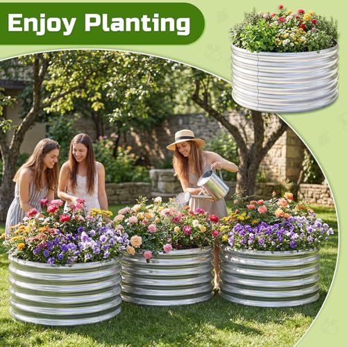 AHEONLAR 3PCS 2x2x2FT Galvanized Raised Garden Bed Kit Round Metal Flower Box Large Planter Raised Beds Outdoor Garden for Planting,Fruit,Herb Silver - color: Silver