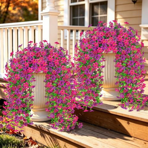 Artificial Hanging Flowers for Outdoors, 4 PCS 688-Bloom UV Resistant Mums - color: Fuchsia Lightpurple