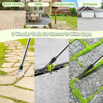 PIMEKOY Crack Weeder Tool Set, 3 Different Weed Remover Tool Head for Paver - size: 60" Long Handle