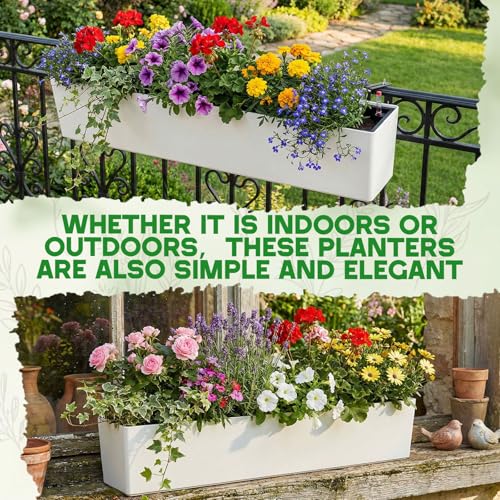 2 Pack Hanging Wall Planter Boxes 40" Large White Rectangular Flower Box with Window Bracket Self Watering System Railing Planter Outdoor Plant Pot Container Deck Rail Fence Balcony
