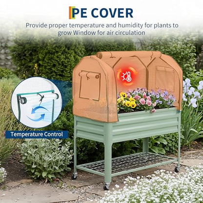 Raised Garden Bed with Cover, Galvanized Metal Elevated Planter Box with Rolling Casters & Extra Bottom Shelf, Raised Planter Box for Backyard, Patio, Balcony, 48x24x56 in, Green