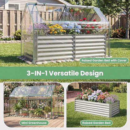 HAPPYGRILL Galvanized Raised Garden Bed with Cover & 2 Roll-up Windows - color: Silver, size: 71” x 36” x 48”
