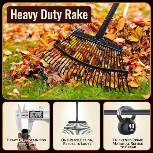 Garden Rake for Leaves, 25 Tines Heavy Duty Metal Yard Rake with 64 inch Adjustable Handle, Ideal Leaf Rakes for Gardening, Dethatching, Thatching, Gathering Shrub, Grass, Debris, Rocks