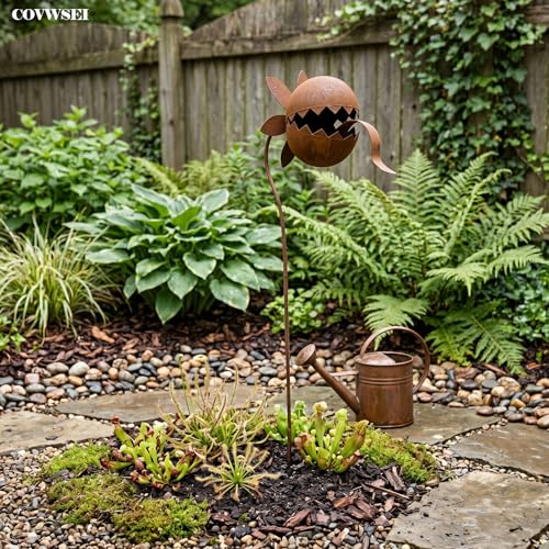 32 Inch Metal Flowers Venus Flytrap Carnivorous Plant Stake for Yard Art - color: Brown B