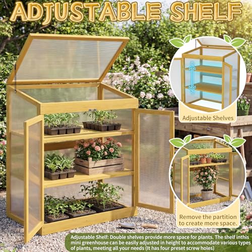 Wooden Cold Frame Greenhouse, Garden Portable Mini Solid Wood Greenhouse Cabinet with Transparent Flip-Top Roof, Raised Flower Plants Shelf Protection for Outdoor Indoor, Natural