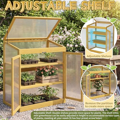 Wooden Cold Frame Greenhouse, Garden Portable Mini Solid Wood Greenhouse Cabinet with Transparent Flip-Top Roof, Raised Flower Plants Shelf Protection for Outdoor Indoor, Natural