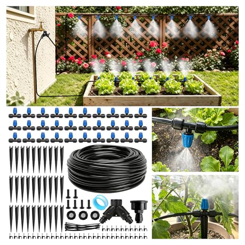 Riboud 165FT Drip Irrigation Kit, Quick-Connect Garden Watering System with 30 Adjustable Misting Nozzles for Garden Greenhouse, Hanging Plants, Raised Beds - size: 165FT