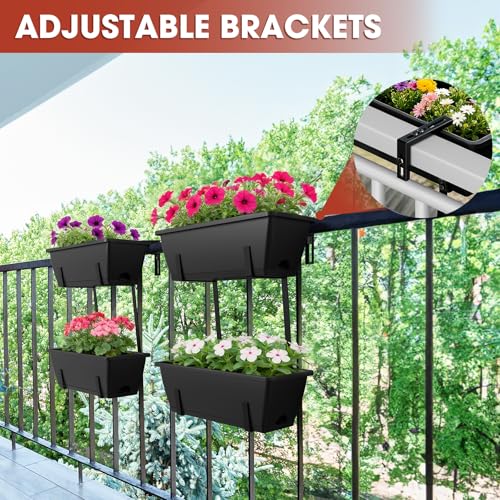 4 Pcs Hanging Flower Pots, 16.9 Inches Railing Planter Box, Black - color: Black